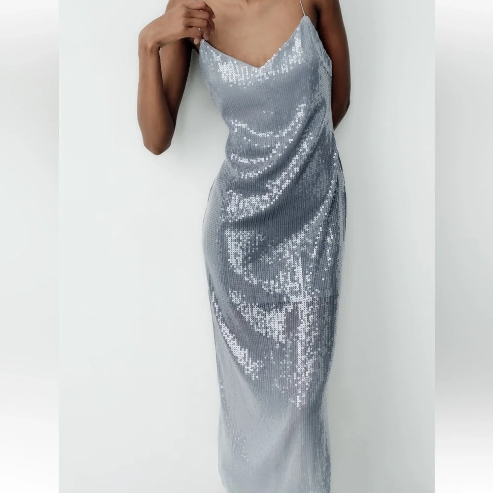 Zara NWT sequin midi dress silver - Picture 10 of 11